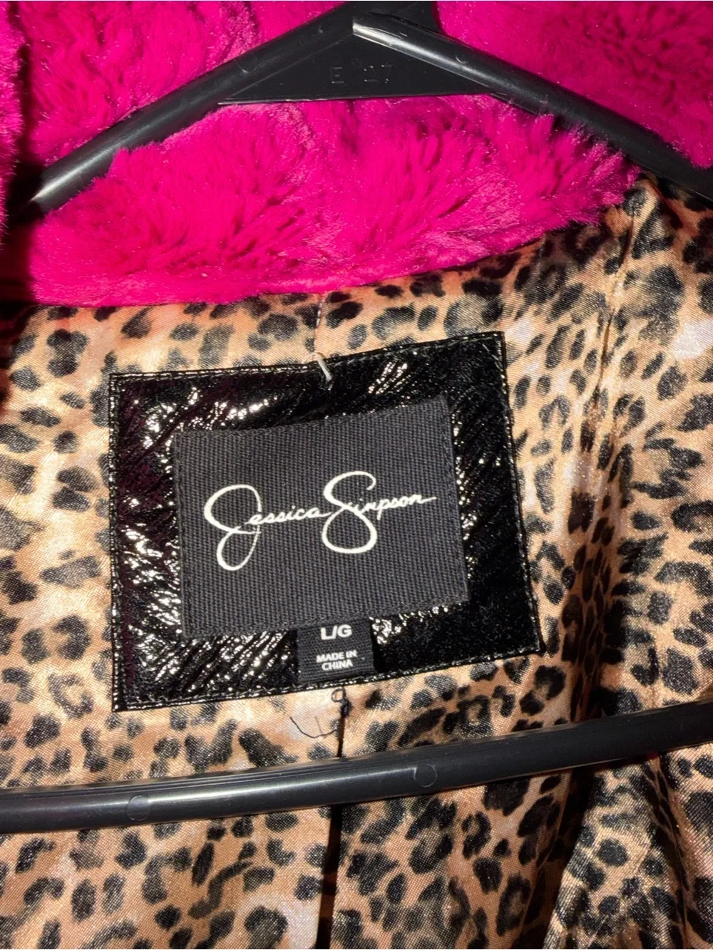 Betsey Johnson Fuchsia Plush Pea Coat with Leopard Lining